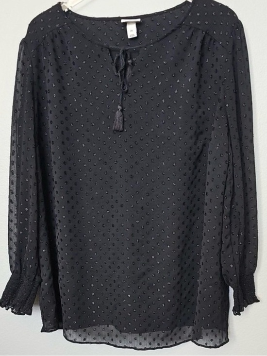 Ava & Viv Tops - Ava & Viv Black Metallic Clip Dot Blouse Tassel Tie Long Sleeve 2X Plus Size